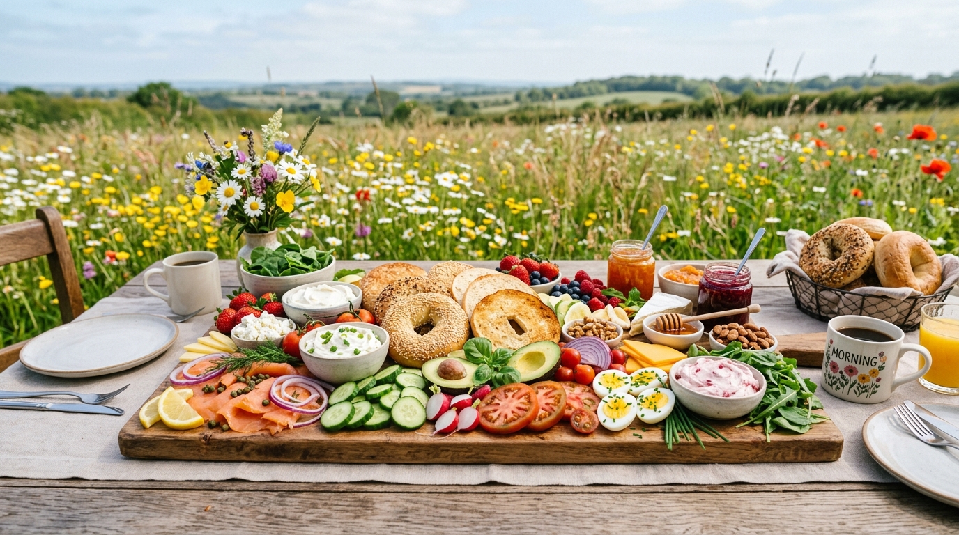 No cook camping bagel breakfast board with cream cheese fruit smoked salmon and vegetables