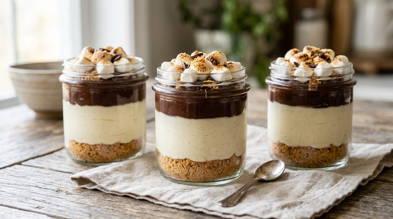 No-bake s'mores cheesecake cups with graham crumbs chocolate and marshmallows