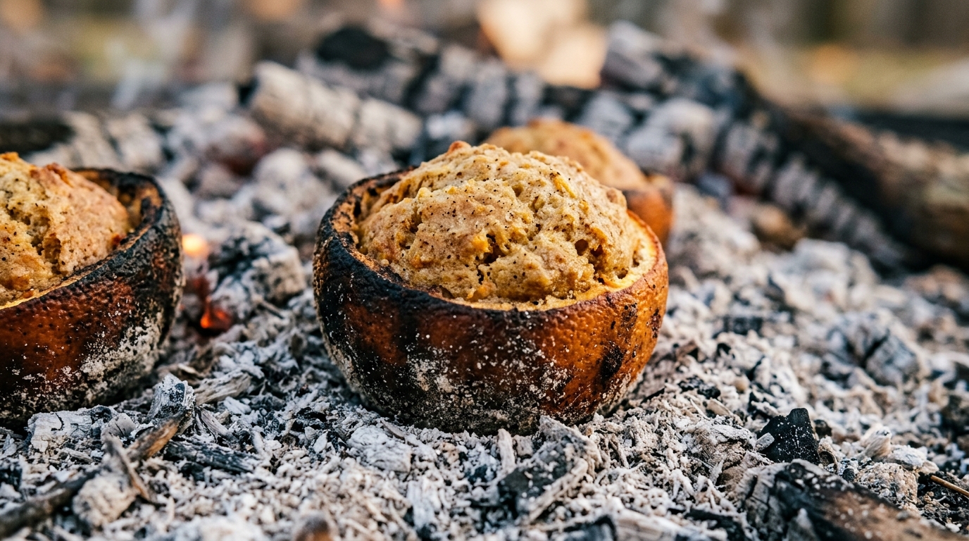 Campfire muffins baked inside orange peels over hot camping coals