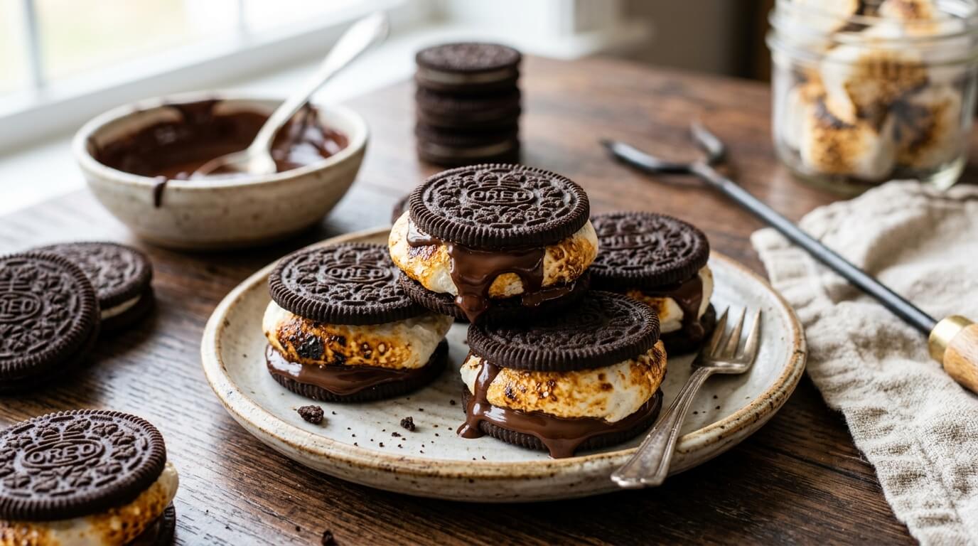 Oreo cookie s'mores with toasted marshmallows and melted chocolate
