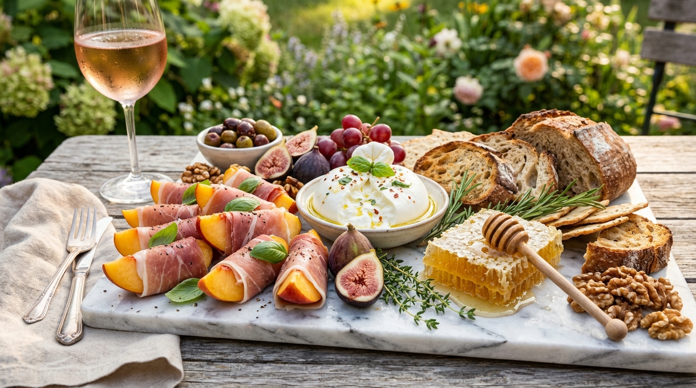 Peach and prosciutto summer charcuterie board with burrata crostini almonds and basil
