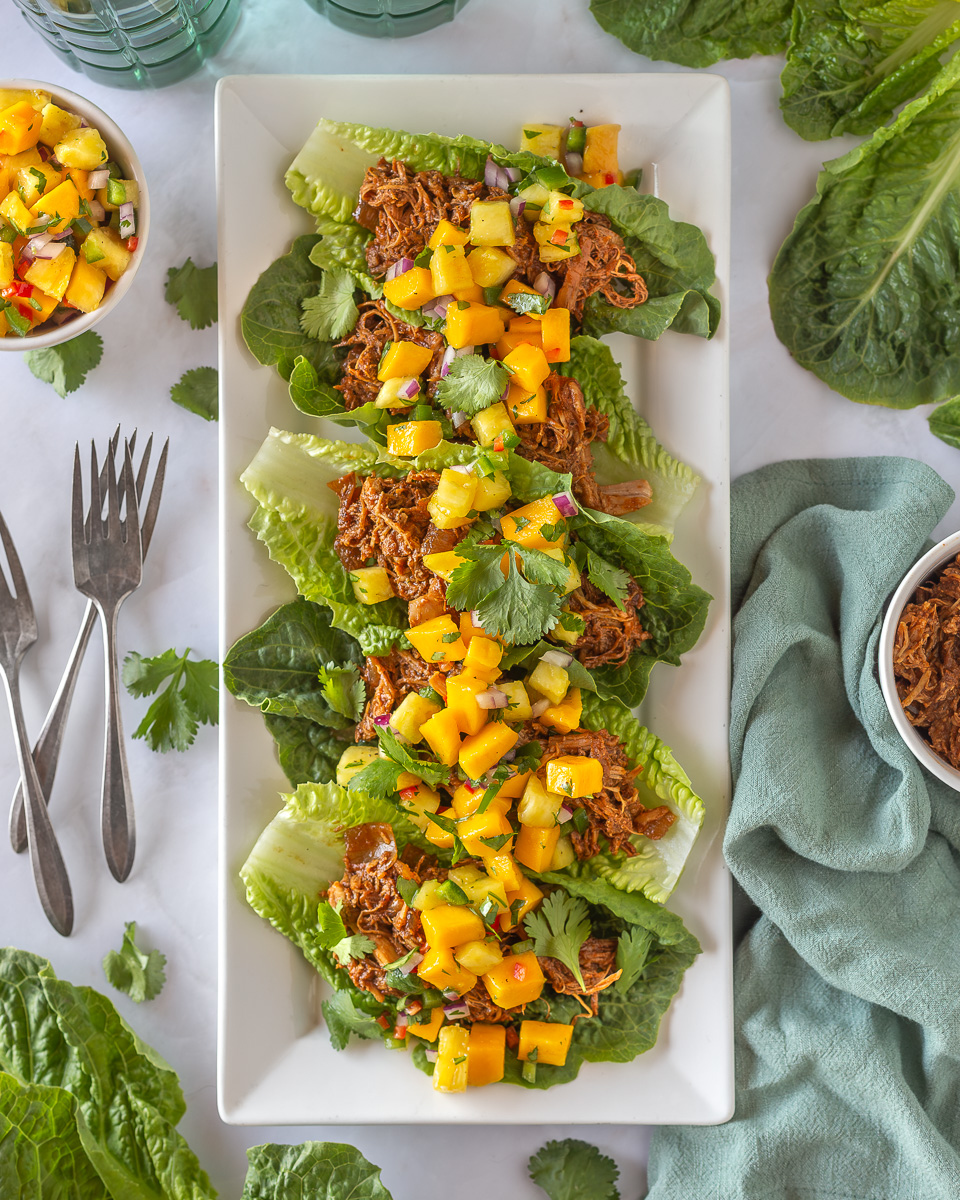 Pineapple chicken lettuce cups with peppers and lime