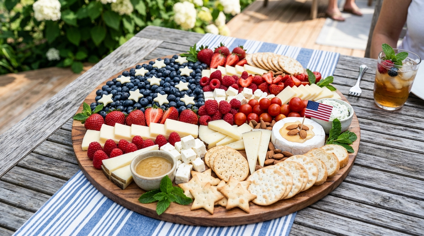 Red white and blue summer charcuterie board with berries watermelon cheese and star shaped snacks