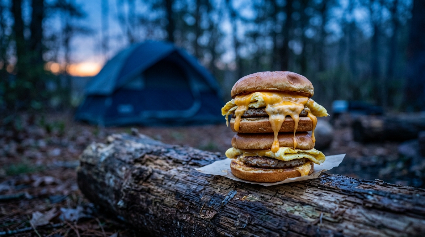 Camping breakfast sandwiches with sausage egg cheese and toasted English muffins