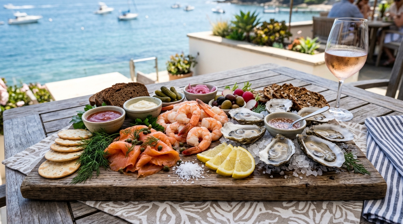 Seafood summer charcuterie board with chilled shrimp smoked salmon cream cheese and lemon