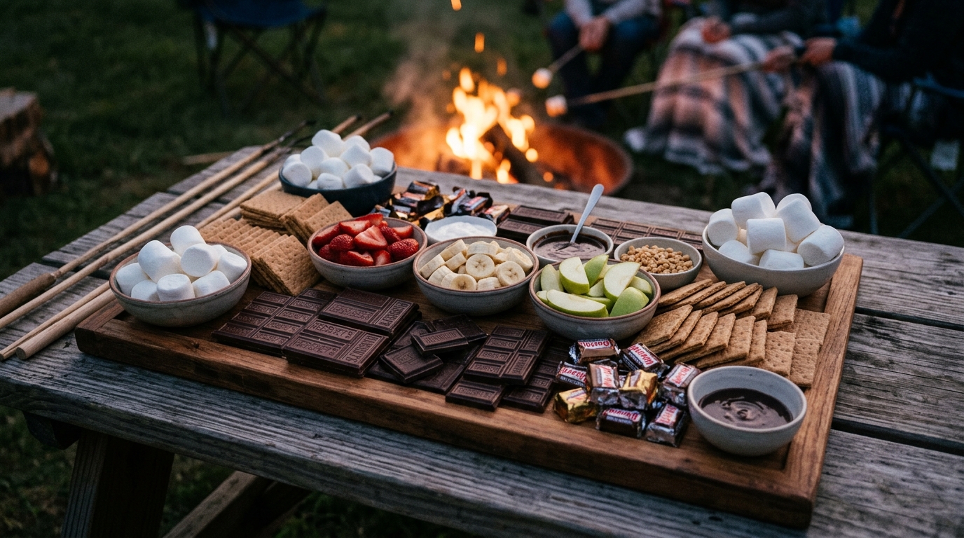 Summer smores dessert charcuterie board with marshmallows chocolate graham crackers and fruit