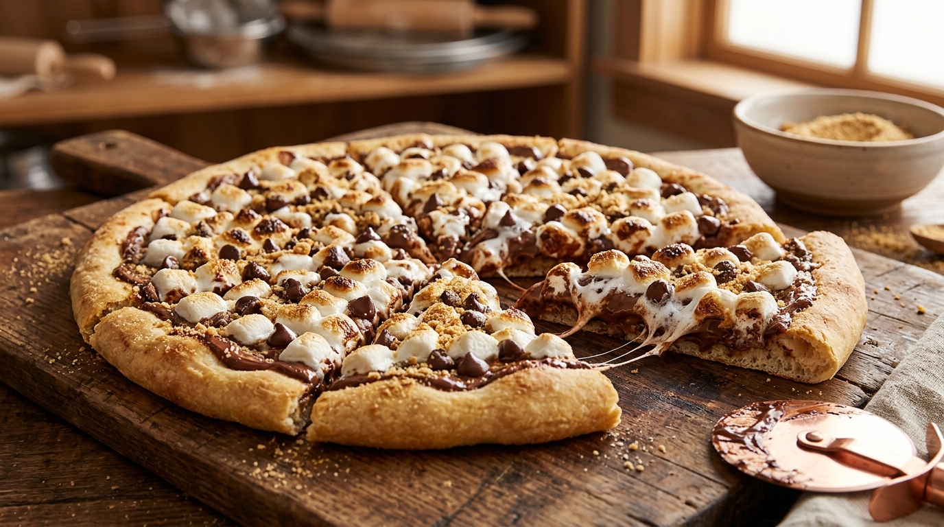 S'mores dessert pizza topped with chocolate toasted marshmallows and graham cracker crumbs