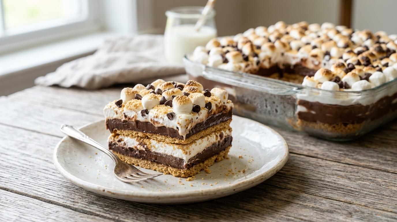S'mores icebox cake layered with graham crackers chocolate pudding and marshmallow cream