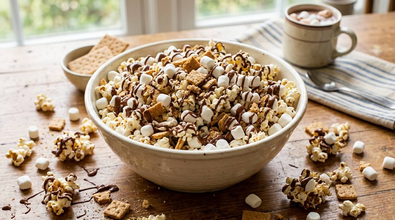 S'mores popcorn with chocolate drizzle mini marshmallows and graham cracker cereal