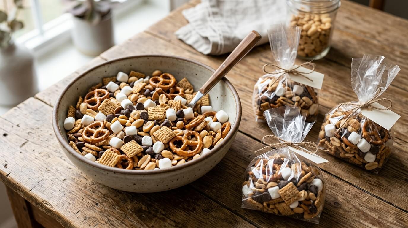 Easy s'mores trail mix with graham cereal pretzels chocolate and mini marshmallows