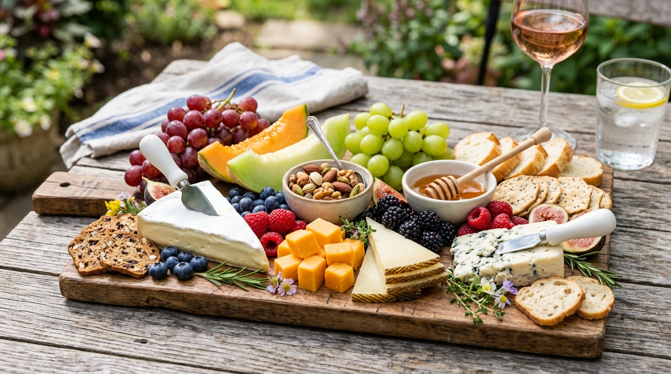 Classic summer charcuterie board with fresh berries peaches grapes cheese cured meats and crackers