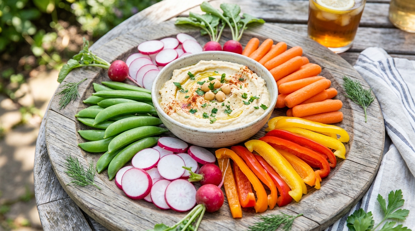 Healthy summer vegetable charcuterie board with hummus ranch feta dip and fresh vegetables