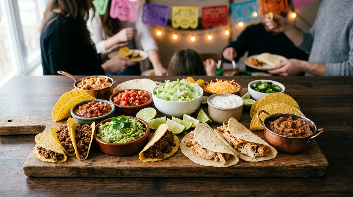 Summer taco night charcuterie grazing board with tortillas chips chicken salsa and toppings