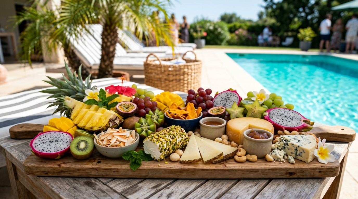 Tropical summer pool party charcuterie board with pineapple mango watermelon cheese and snacks