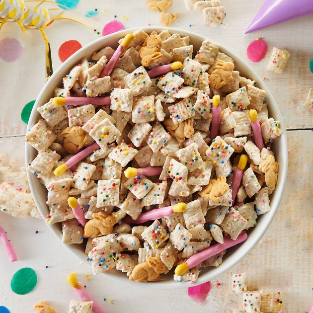Birthday cake trail mix with cereal pretzels popcorn yogurt chips sprinkles and marshmallows