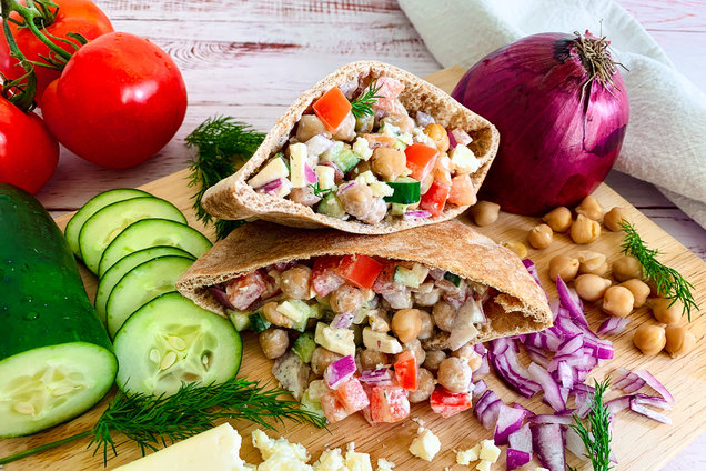 No-cook chickpea pita pockets with cucumber tomatoes greens feta and tzatziki
